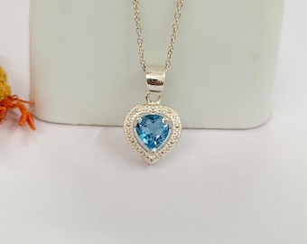 Natural Blue Topaz Heart Necklace: Sterling Silver Pendant, December Birthstone Jewelry
