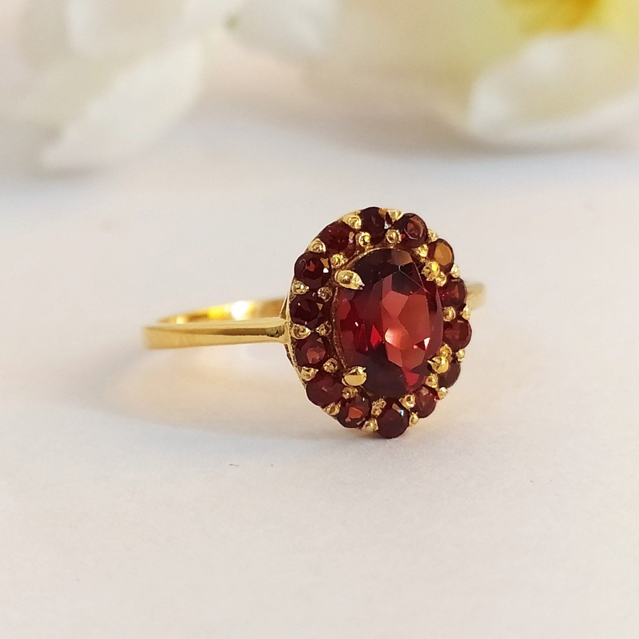 Anello Donna Offerta Oro Rosa 18K, Fiore Anelli Sposi Ovale Rosso Rubino Chiaro Diamante 0.6ct Anello Fidanzamento Donna Taglia 8