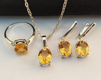 Sterling Silver Citrine Jewelry Set: Ring, Earrings, Pendant, November Birthstone