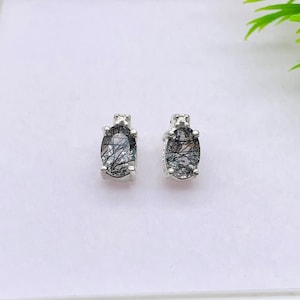 Black Rutile Quartz Stud Earrings: Sterling Silver Minimalist Jewelry