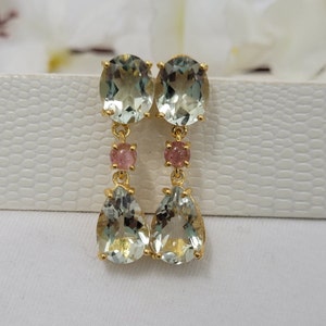 Green Amethyst Dangle Earrings: Sterling Silver Prasiolite & Pink Tourmaline