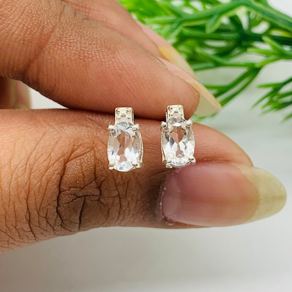 White Topaz Sterling Silver Stud Earrings: April Birthstone, Minimalist Vintage Style