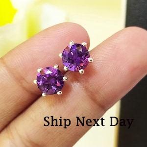 Amethyst Stud Earrings-Natural Stone Jewelry-Sterling Silver-Birthstone Studs-Women Earring-Silver Jewelry-Cartilage Studs-Purple Stone Gift