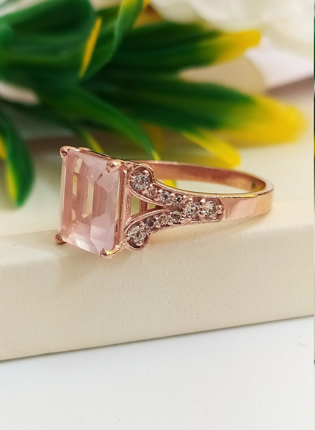 Stunning Rose Quartz Engagement Ringemerald Cut Rose Quartz Etsy