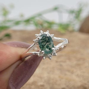 Green Moss Agate Ring-Natural Agate Engagement Ring-Promise Ring With Moss Agate-925 Sterling Silver Ring-Agate Anniversary Ring For Her