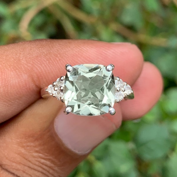 Anillo solitario de amatista verde natural - Anillo de amatista verde con forma de cojín - Anillo de compromiso de prestolita - Anillo de promesa de prestolita - Anillo de prestolita natural