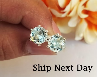 100% Natural Aquamarine Stud Earrings-Aquamarine Birthstone Studs-Aquamarine Vintage Earrings-925 Sterling Silver Stud-Stud Jewelry Handmade