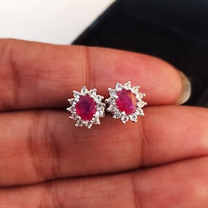 Ruby Stud Earrings: Sterling Silver, White Topaz Accents