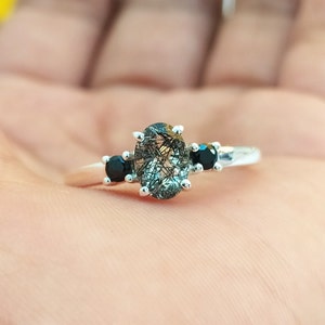 Unique Black Rutile Quartz Engagement Ring-Black Rutilated Quartz Promise Ring-Black Rutile Vintage Ring For Her-925 Sterling Silver-510