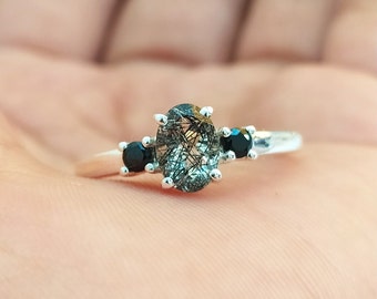 Black Rutile Quartz Ring: Vintage Sterling Silver Promise Ring