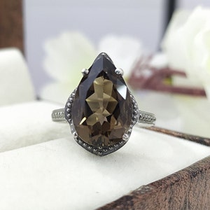 Unique Smoky Quartz Vintage Ring-Natural Smoky Quartz Victorian Jewelry-Smoky Designer Ring For Her-Smoky Gemstone Statement Ring Silver-544