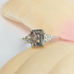 Emerald Cut Black Rutilated Quartz Ring – Sterling Silver Halo Engagement Ring