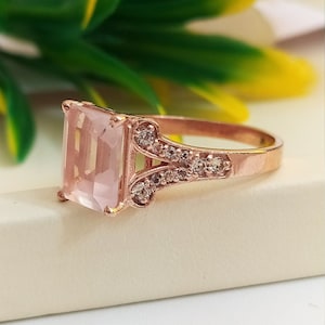 Emerald Cut Rose Quartz Ring: Sterling Silver Pink Statement Ring