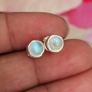 Blue Flashy Moonstone Stud Earrings-Gemstone Earrings 925 Sterling Silver-Earring-Rainbow Moonstone Earrings-Minimalist Moonstone Studs Gift