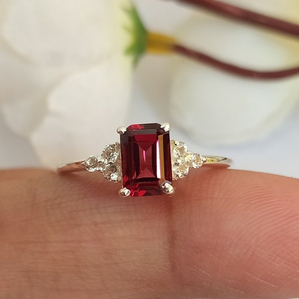 AAA Quality Red Garnet Ring-January Birthstone Garnet Ring-Garnet Solitaire Engagement Ring-Emerald Cut Garnet Promise Ring Sterling Silver