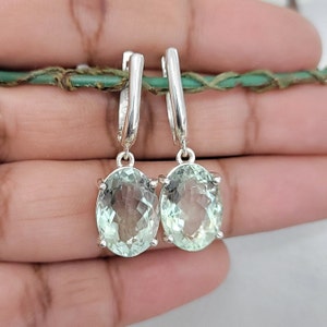 Green Amethyst Dangle Earrings: Sterling Silver Prasiolite Birthstone