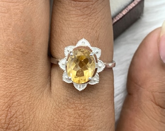 Designer Citrine Silver Ring-Unique Citrine Halo Ring-Golden Citrine Engagement Ring For Her-Citrine Gold Wedding Ring-Citrine Promise Ring