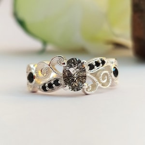 Vintage Black Rutile Quartz Engagement Ring-Black Rutilated Quartz Wedding Ring-Black Rutile Vintage Ring For Bridal-Art Nouveau Ring Silver
