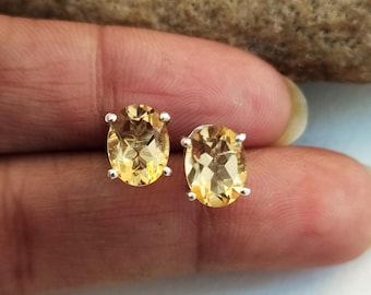 Golden Citrine Stud Earrings: Vintage 925 Sterling Silver
