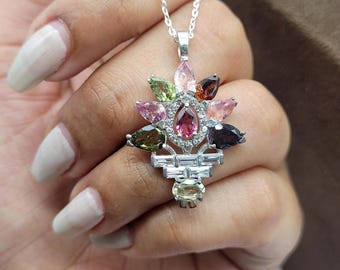 Natural Multi Tourmaline Pendant-Victorian Style Necklace-Colorful Gemstone Pendant-Elizabeth Crown Necklace-Custom Multi-Stone Pendant Gift