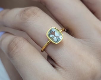 Art Deco Prasiolite Ring: 14K Gold Green Amethyst Solitaire