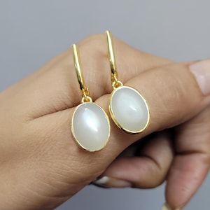 Natural Moonstone Dangle Earrings-Solid 14k Gold Earrings-Fine Quality Moonstone Earrings Her-Flashy Moonstone Earrings For Anniversary Gift