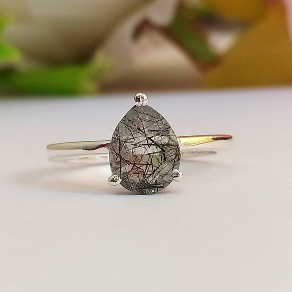 Black Rutile Quartz Solitaire Ring-Pear Cut Black Rutilated Quartz Ring Silver-Black Rutile Vintage Ring For Her-925 Sterling Silver-613