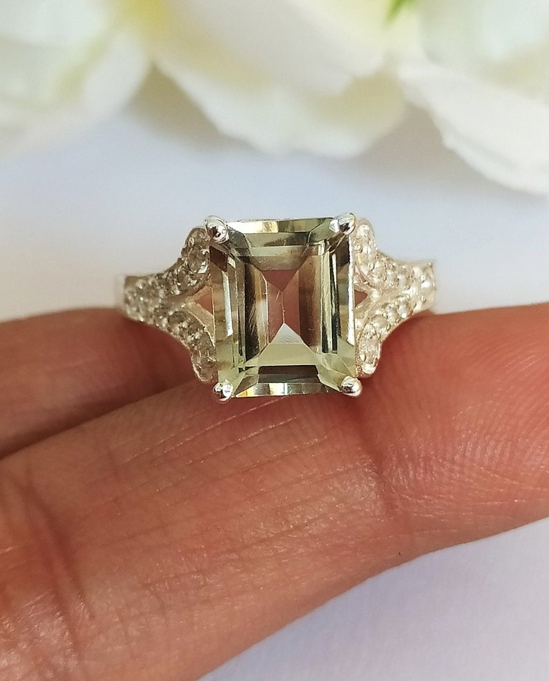 Natural Green Amethyst Engagement Ring-Emerald Cut Prasiolite Ring-Natural Amethyst Birthstone Solitaire Ring-925 Solid Sterling Silver Ring