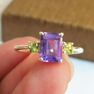 Emerald Cut Amethyst Engagement Ring: Sterling Silver Peridot Accent