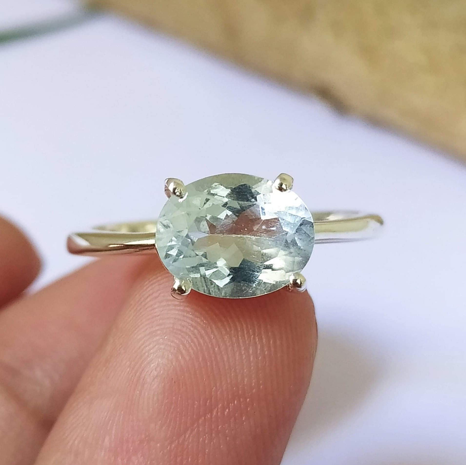 天然アクアマリンソリティアリング：スターリングシルバー製プロミス 