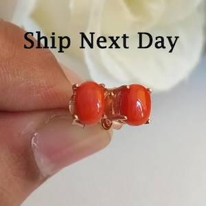 Natural Red Coral Stud Earrings-Coral Birthstone Studs Gift For Her-Red Coral Studs-Coral Minimalist Earrings-Tiny Oval Red Gemstone Studs