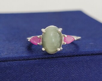 Natural Cat's Eye Wedding Ring-floral Three Stone Ring-cat's