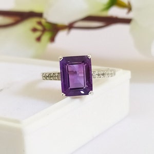 Emerald Cut Amethyst Solitaire Ring: Handmade Sterling Silver Birthstone