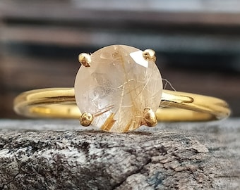 Unique Rutile Gold Ring-Golden Rutile Quartz Ring For Women-Golden Rutile Solitaire Ring-Golden Rutile Stackable Ring 925 Sterling Silver-71