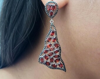 Garnet Dangle Earrings: Handmade Sterling Silver Oval Gemstone Jewelry