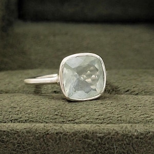 Anillo de aguamarina con corte cojín: anillo de promesa de plata de ley estilo art déco