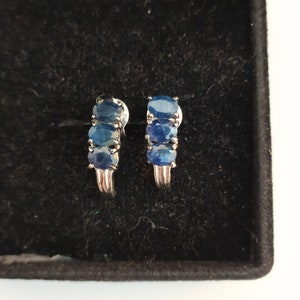 Blue sapphire Vintage Earrings-Natural Sapphire Three Stone Earrings-Blue Sapphire Vintage Studs-925 Solid Sterling Silver-Jewelry Handmade