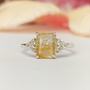Unique Golden Rutile Quartz Engagement Ring-Emerald Cut Rutilated Quartz Ring-Rutile Unique Wedding Ring For Her-925 Sterling Silver-639