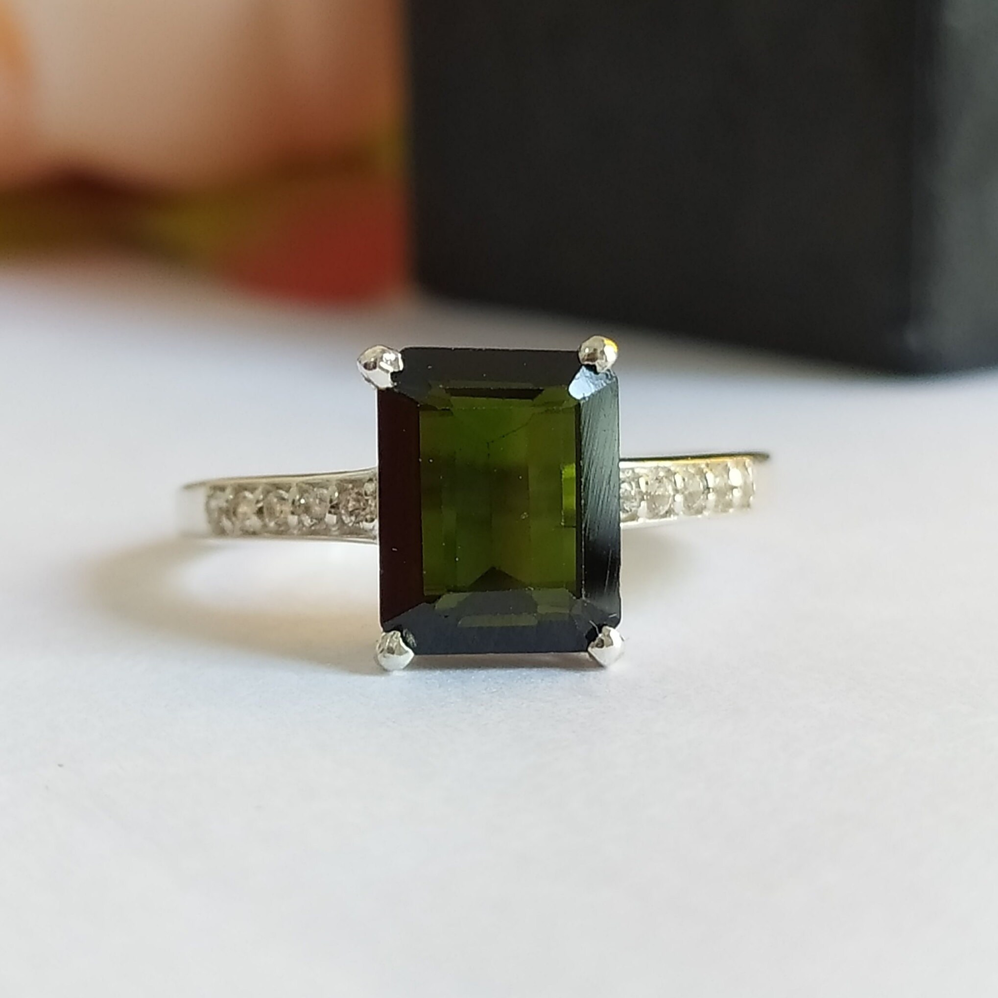 Gorgeous Black Tourmaline Ring dark Green Tourmaline Solitaire