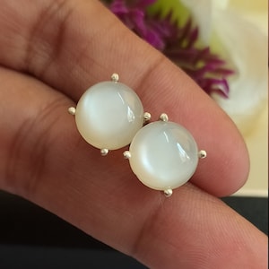 White Moonstone Stud Earrings: 925 Sterling Silver, Round Cabochon