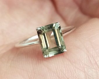 Emerald Cut Green Amethyst Ring: 925 Sterling Silver Solitaire