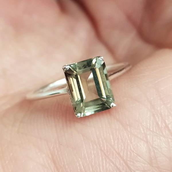 Emerald Cut Green Amethyst Ring: 925 Sterling Silver Solitaire