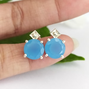 Exquisite Sky Blue Chalcedony Earrings-Gemstone Earrings-Blue Stud Earrings-925 Sterling Silver Jewelry-Birthday Gift-Blue Earrings For Her