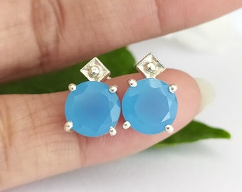 Exquisite Sky Blue Chalcedony Earrings-Gemstone Earrings-Blue Stud Earrings-925 Sterling Silver Jewelry-Birthday Gift-Blue Earrings For Her