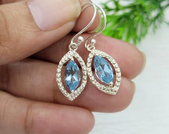 Swiss Blue Topaz Dangle Earrings: 925 Sterling Silver Evil Eye