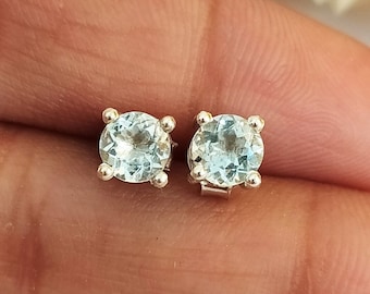 100% Natural Aquamarine Stud Earring-Aquamarine Birthstone Studs-Aquamarine Vintage Earrings Gift-Solid Sterling Silver-Stud Gift For Her