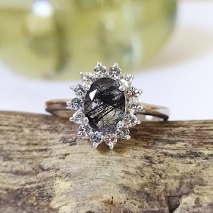 Dainty Black Rutile Quartz Solitaire Ring-Black Rutilated Quartz Halo Ring Silver-Black Quartz Vintage Ring For Her-925 Sterling Silver-98