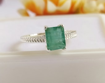 Natural Green Emerald-925 Sterling Silver-Jewelry Handmade-Emerald Octagon Prong Sat-Promise Ring-Birthstone-Engagement Ring-24