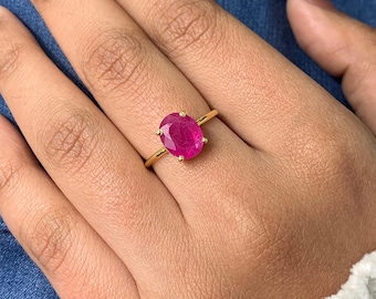 Oval geschnittener natürlicher Rubin Solitärring | 18K Gold Vermeil Sterling Silber, Juli Geburtsstein