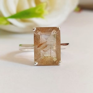 Emerald Cut Golden Rutile Quartz Ring-Natural Golden Stone Cocktail Ring-Unique Rutile Vintage Ring Sterling Silver-Golden Rutile Jewelry